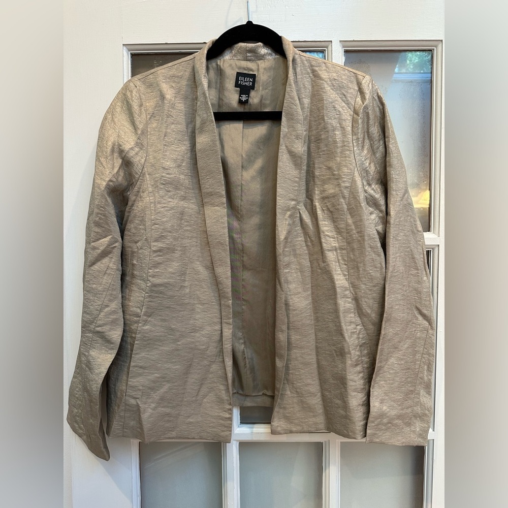 Eileen Fisher Open Front Blazer Jacket Linen Silk Shimmer Gold Metallic Size S